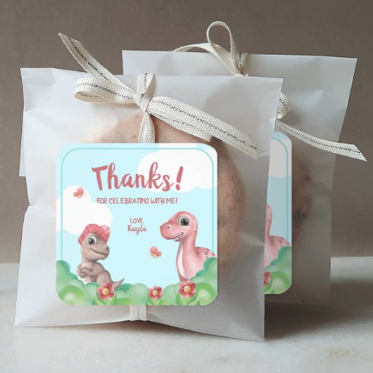 Sticker Carré Un Dinosaure pour fille Merci