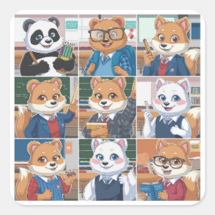 Sticker Carré Un ensemble de 9 retour à l'école animal mignon