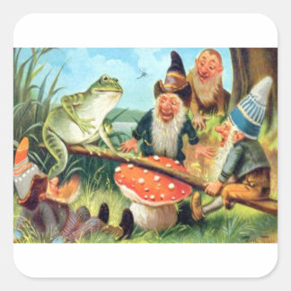 Sticker Carré Un Gnome et une grenouille sur une scie de champig