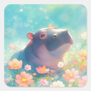 Sticker Carré Un Hippopotame en Fleurs