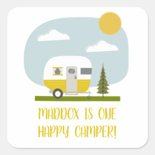 Sticker Carré Un Joyeux Camper Jaune remorque Anniversaire