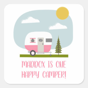 Sticker Carré Un Joyeux Camper Pink Trailer Anniversaire
