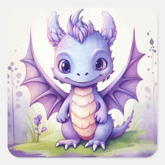 Sticker Carré Un mignon dragon de bébé violet à l'aquarelle (Devant)
