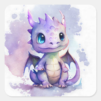 Sticker Carré Un mignon dragon de bébé violet à l'aquarelle