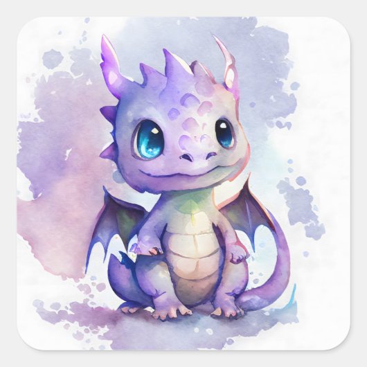 Sticker Carré Un mignon dragon de bébé violet à l'aquarelle (Devant)