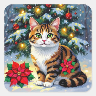 Sticker Carré Un mignon petit chat dans la fête de Noël enneigée