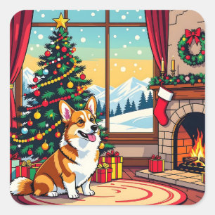 Sticker Carré Un Noël de Corgi Festif Mignon