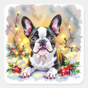 Sticker Carré Un Noël doux avec un terrier de Boston