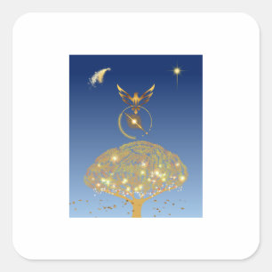 Sticker Carré Un oiseau survolant un arbre doré