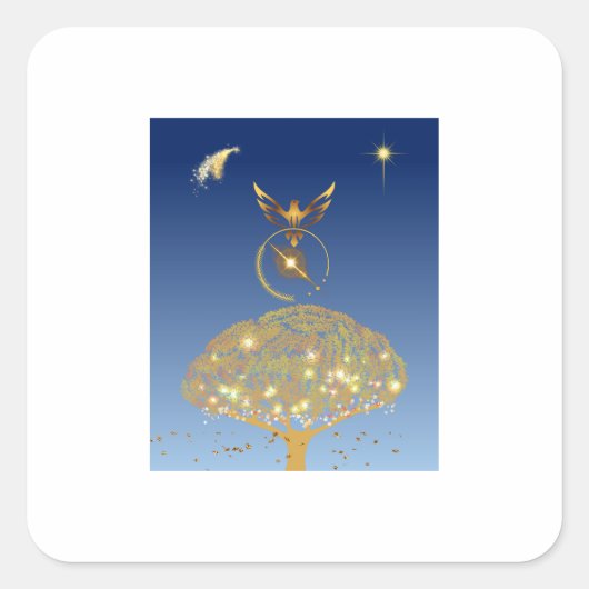 Sticker Carré Un oiseau survolant un arbre doré (Devant)