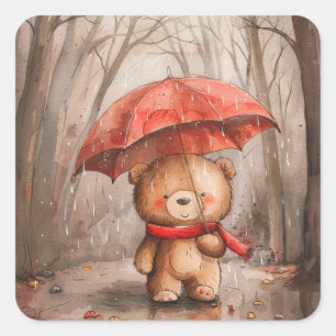 Sticker Carré Un ours en peluche mignon sous la pluie