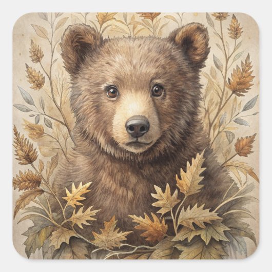 Sticker Carré Un ours mignon en forêt (Devant)