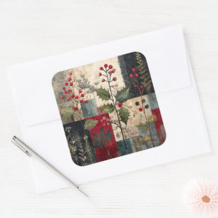 Sticker Carré Un Patchwork Rustique d'Hiver aux Baies de Houx