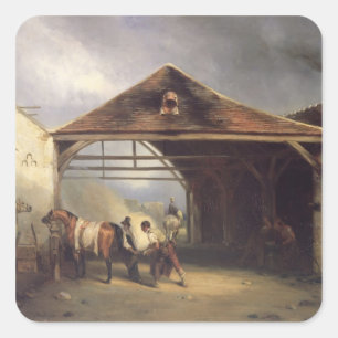 Sticker Carré Un paysan chaussant un cheval