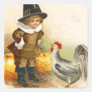 Sticker Carré Un pèlerin et Plymouth Rock de bon thanksgiving
