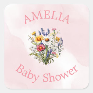 Sticker Carré Un petit Baby shower Fleur sauvage Boho Nature Gir
