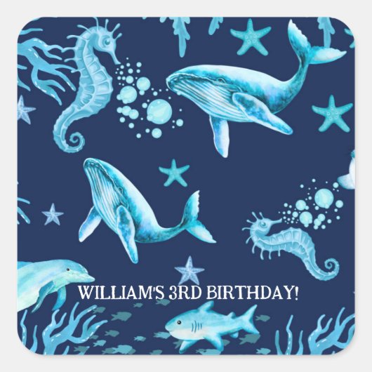 Sticker Carré Under the Sea birthday invitation, ocean boy (Devant)