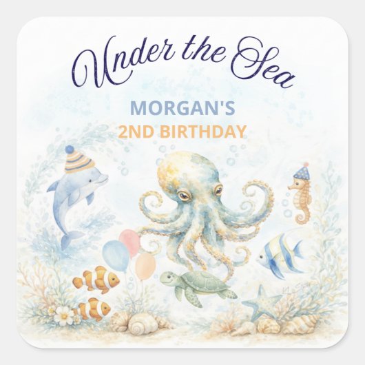 Sticker Carré Under the Sea Ocean Animals Octopus Birthday (Devant)