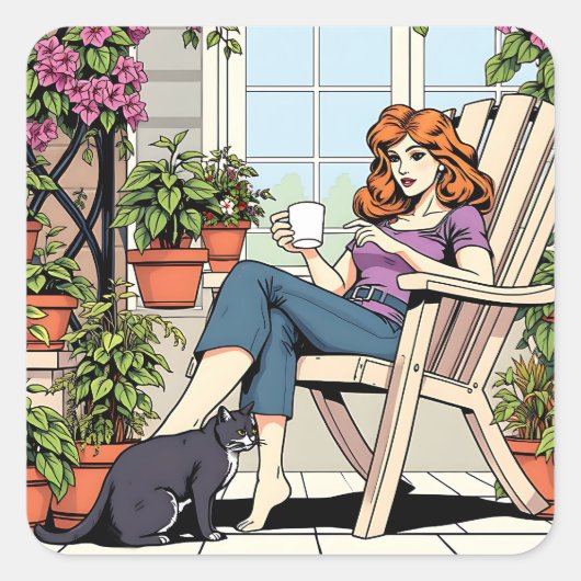 Sticker Carré Une femme avec café, chat et Plante (Devant)