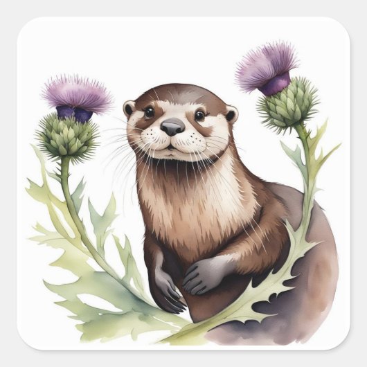 Sticker Carré Une loutre avec un chardon (Devant)