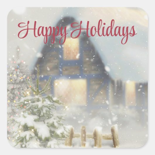 Sticker Carré Une maison avec un arbre de Noël et une clôture (Devant)