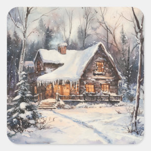 Sticker Carré Une maisonnette confortable en hiver