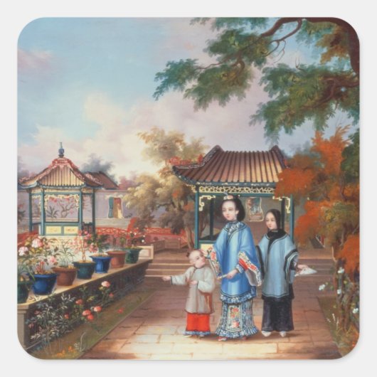 Sticker Carré Une mère avec ses enfants dans un jardin chinois, (Devant)