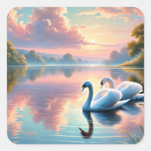 Sticker Carré Une paire de cygnes planant sur un lac serein