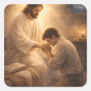 Sticker Carré Une prière à genoux avec Jésus