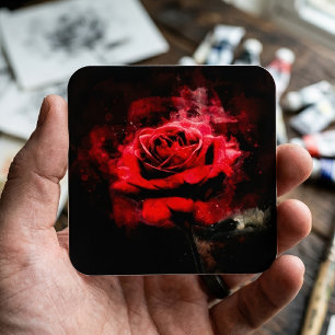 Sticker Carré Une rose rouge aquarelle sur fond noir
