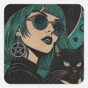 Sticker Carré Une sorcière avec son chat noir Gravure sur bois