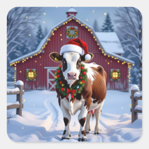 Sticker Carré Une vache festive à Santa Hat Pays Noël