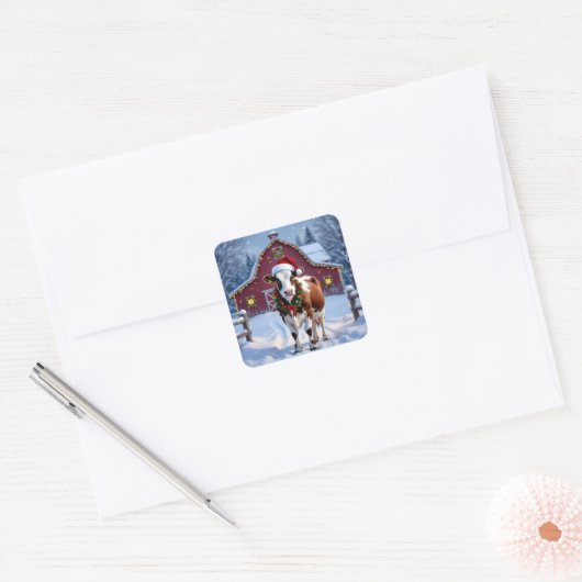 Sticker Carré Une vache festive à Santa Hat Pays Noël (Enveloppe)