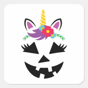 Sticker Carré Unicorn Girl Jack-o'-lantern Citrouille Face Hallo