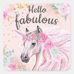 Sticker Carré Unicorn Hello Fabulous Pink Floral Gold Glitter 