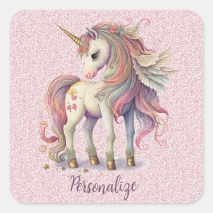 Sticker Carré Unicorn Magique Arc-en-ciel couleurs Parties scint