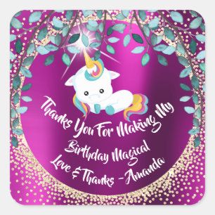 Sticker Carré Unicorn Pony Merci Favoriser Fuchsia Parties scint