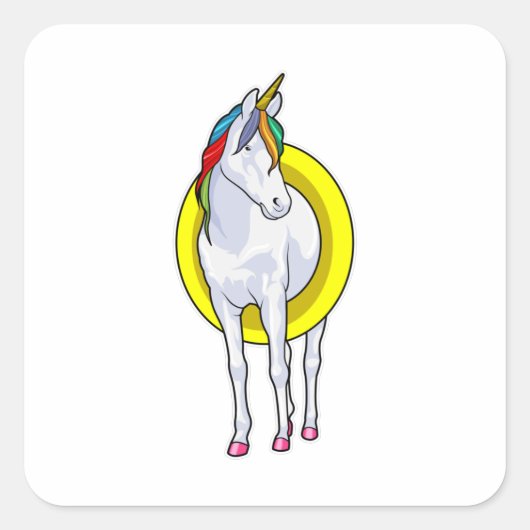 Sticker Carré Unicorne à la natation avec anneau de nage (Devant)