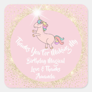 Sticker Carré Unicorne Anniversaire Confetti rose Merci Gold Spa