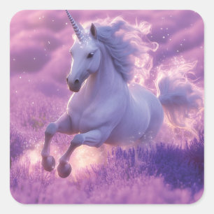 Sticker Carré Unicorne blanche majestueuse à travers la lavande