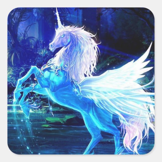 Sticker Carré Unicorne blanche Pegasus Blue Moonlight (Devant)