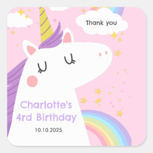 Sticker Carré Unicorne colorée et Rainbows fête d'anniversaire