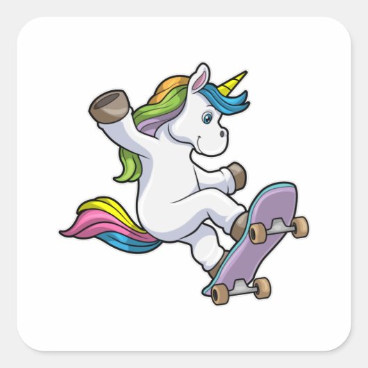 Sticker Carré Unicorne comme patineur avec skateboard (Devant)