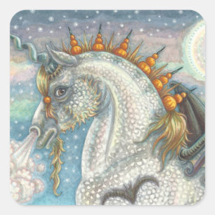STICKER CARRÉ UNICORNE DE HALLOWEEN GOTHIQUE AVEC AILES DE MAIN,