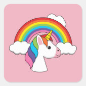 Sticker Carré Unicorne et arc-en-ciel avec nuages Kawaii (Devant)