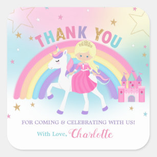 Sticker Carré Unicorne et princesse Anniversaire Merci Favoriser