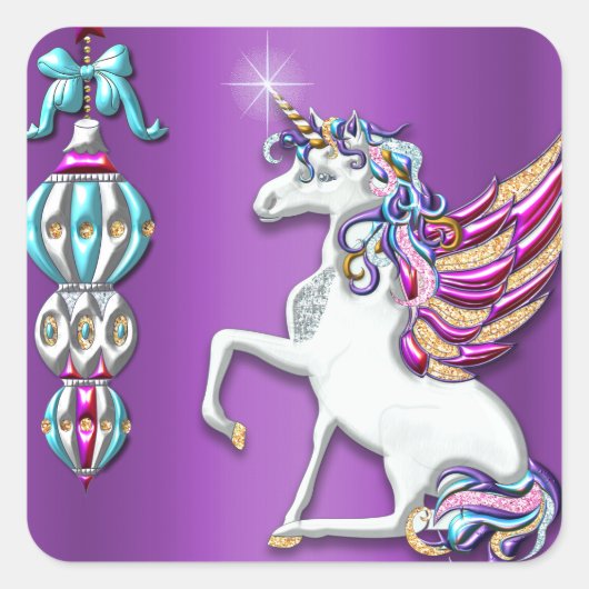 Sticker Carré Unicorne magique Violet Noël (Devant)