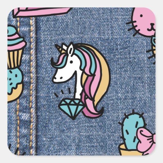 Sticker Carré unicorne patchs denim (Devant)