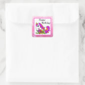 Sticker Carré Unicorne rose et violet et fleurs Squar d'annivers (Sac)