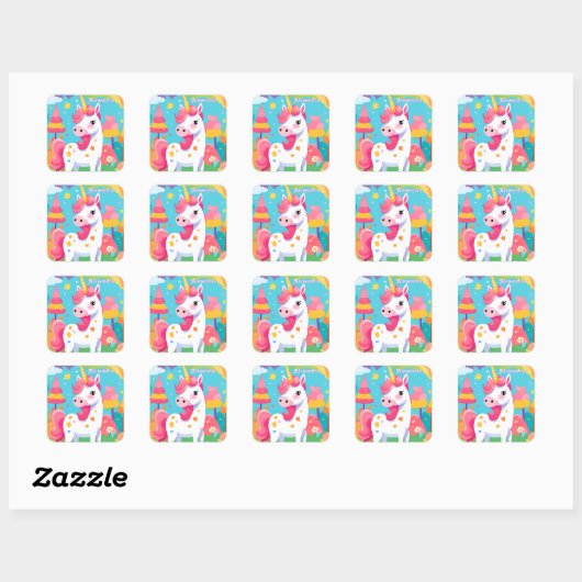 Sticker Carré Unicorne rose vif (Feuille)